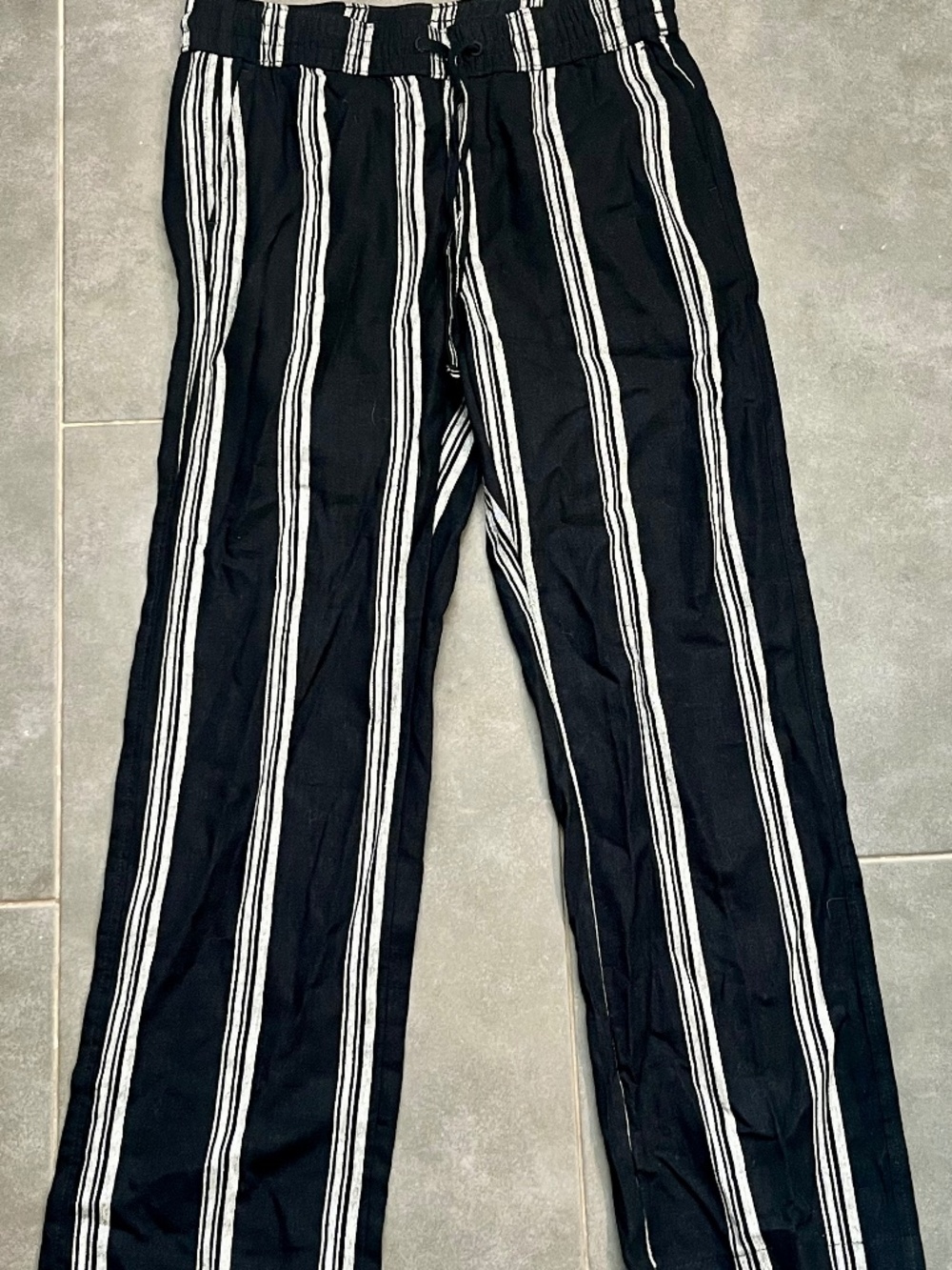 Ann Taylor Factory Linen Blend Pants Black Stripe Drawstring Wide Leg Size Small